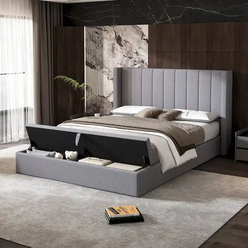 Antique Finish Beaded Wood Platform Bed — Classic Bedroom Statement