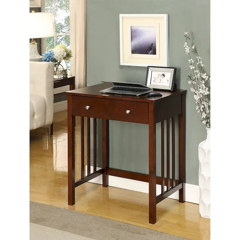 Scrivania Mission con cassetto per tastiera — Gambe in legno massello e finitura impiallacciata