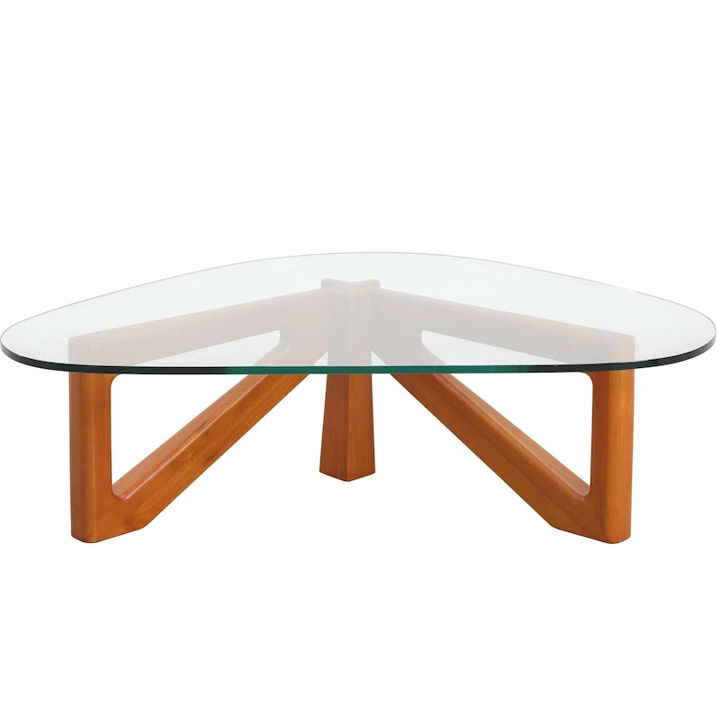 Tavolino da caffè/centrotavola triangolare, stile moderno di metà secolo, con piano in vetro e base in legno, per soggiorno