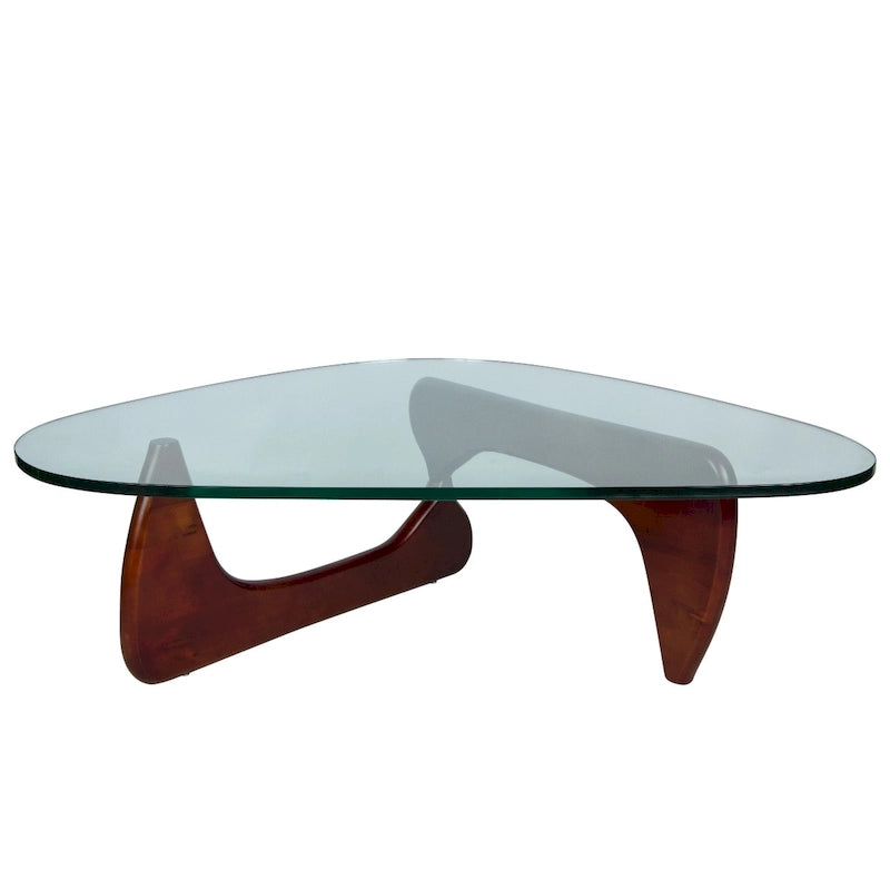Tavolino da caffè/centrotavola triangolare, stile moderno di metà secolo, con piano in vetro e base in legno, per soggiorno