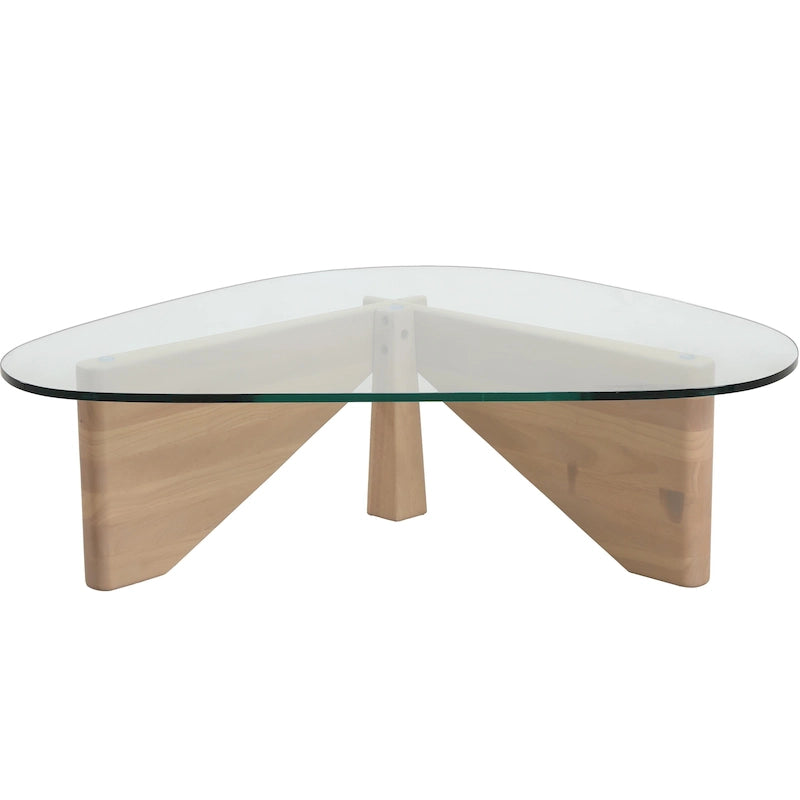 Tavolino da caffè/centrotavola triangolare, stile moderno di metà secolo, con piano in vetro e base in legno, per soggiorno