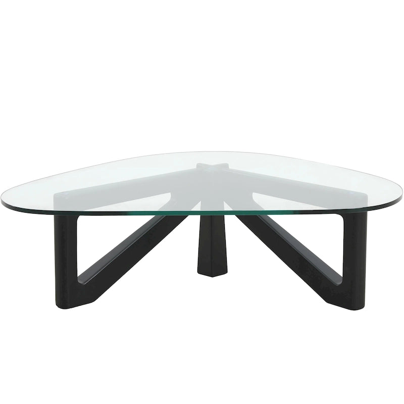 Tavolino da caffè/centrotavola triangolare, stile moderno di metà secolo, con piano in vetro e base in legno, per soggiorno