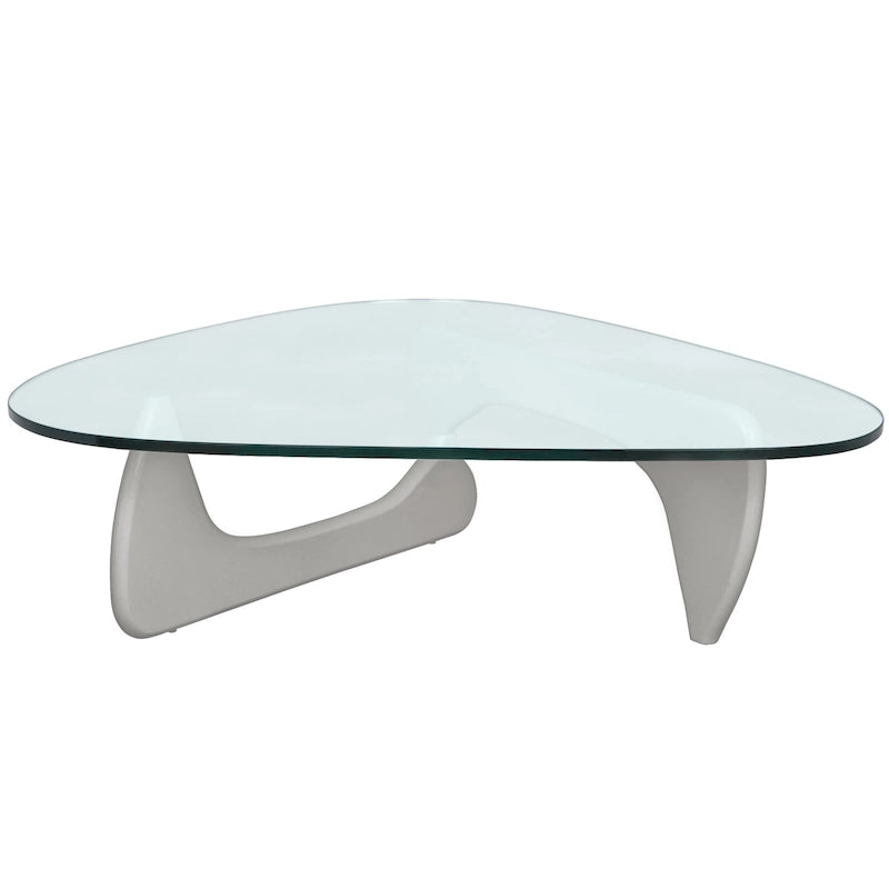 Tavolino da caffè/centrotavola triangolare, stile moderno di metà secolo, con piano in vetro e base in legno, per soggiorno