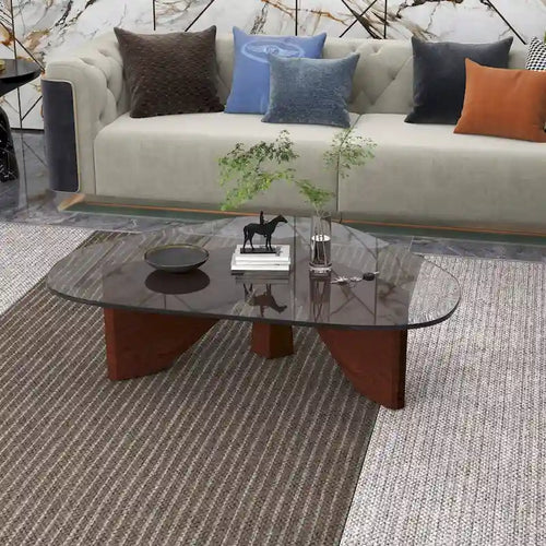 36 Triangular Mid Century Modern Accent Center Coffee Table with Glass Top and Wood Base for Living Room