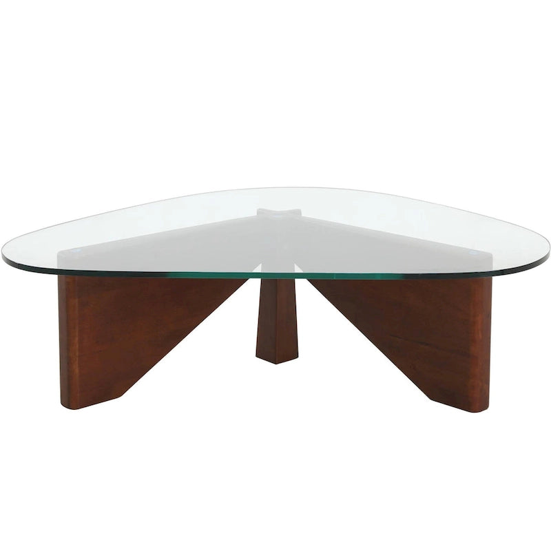 Tavolino da caffè/centrotavola triangolare, stile moderno di metà secolo, con piano in vetro e base in legno, per soggiorno