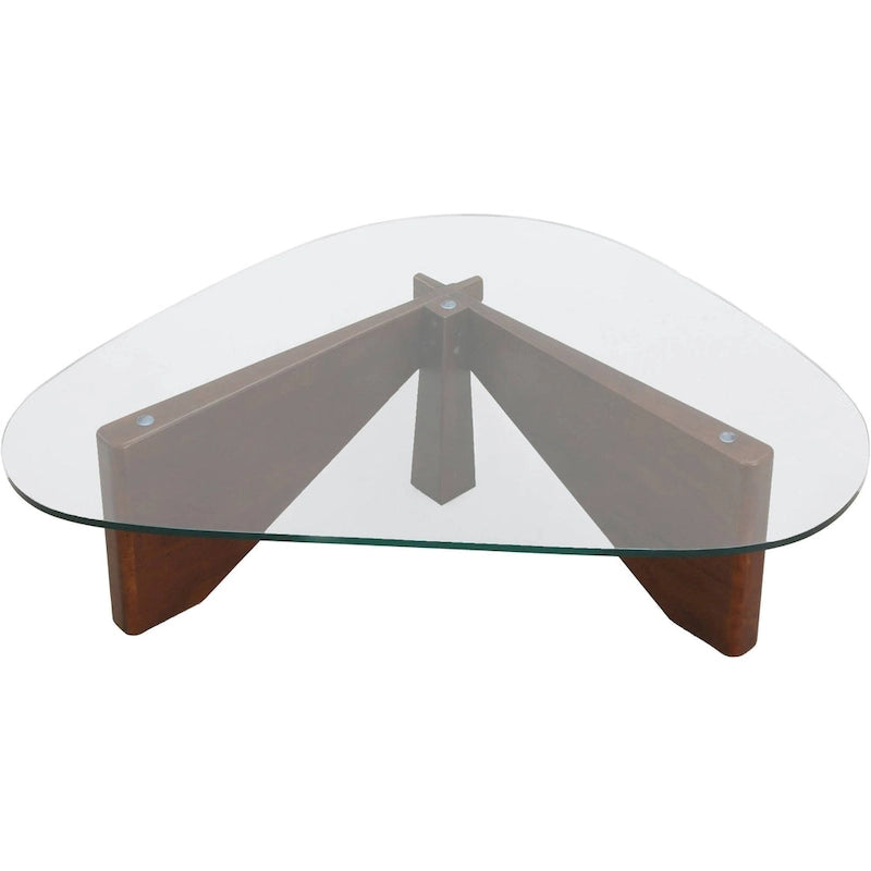 Tavolino da caffè/centrotavola triangolare, stile moderno di metà secolo, con piano in vetro e base in legno, per soggiorno