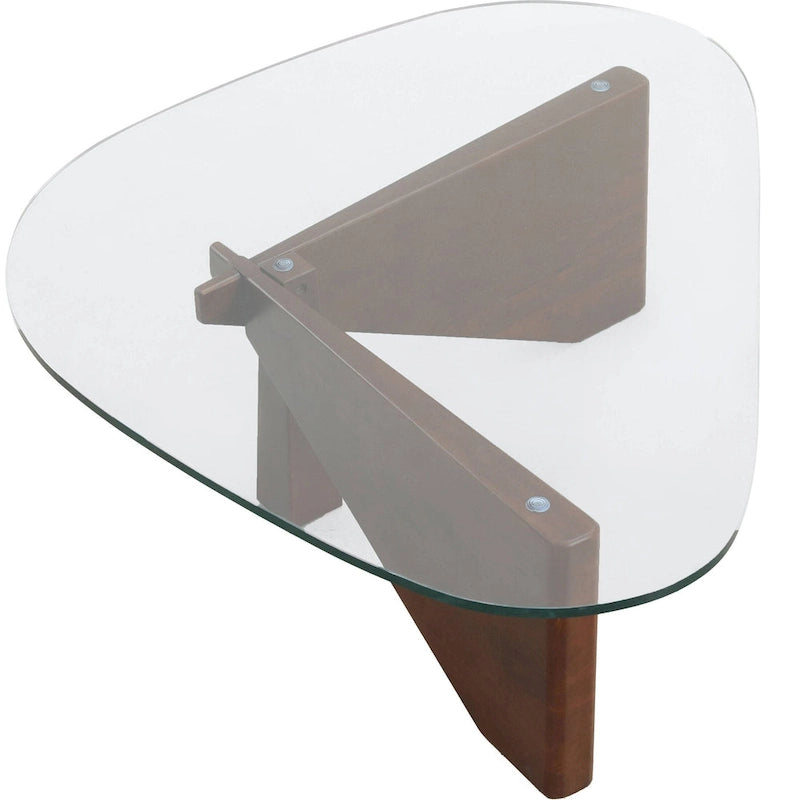 Tavolino da caffè/centrotavola triangolare, stile moderno di metà secolo, con piano in vetro e base in legno, per soggiorno