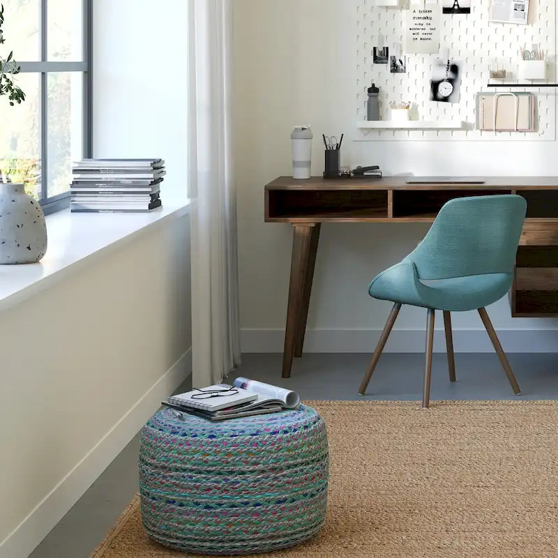Pouf Rotondo Boho in Juta e Cotone Intrecciati a Mano — Completamente Assemblato