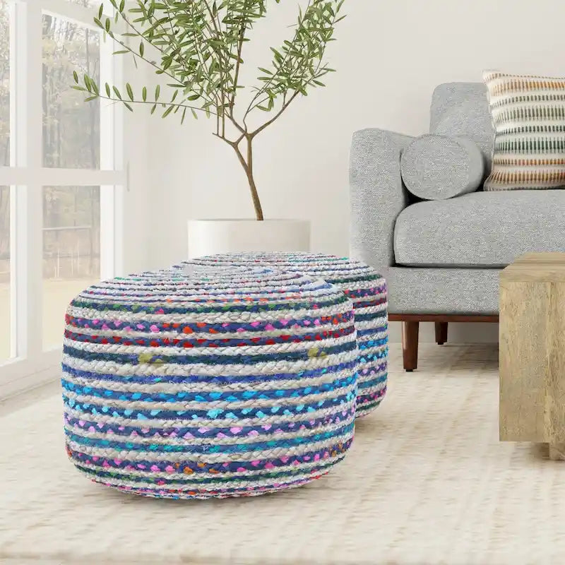 Pouf Rotondo Boho in Juta e Cotone Intrecciati a Mano — Completamente Assemblato