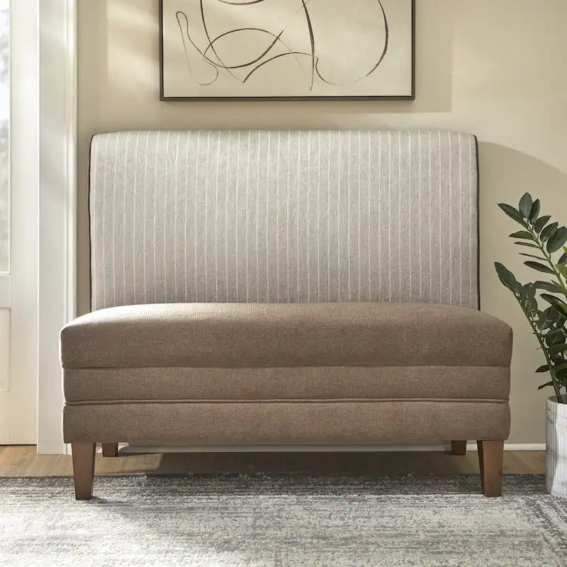 Panca imbottita Modern Farmhouse — Tessuto in lino bicolore, gambe in noce