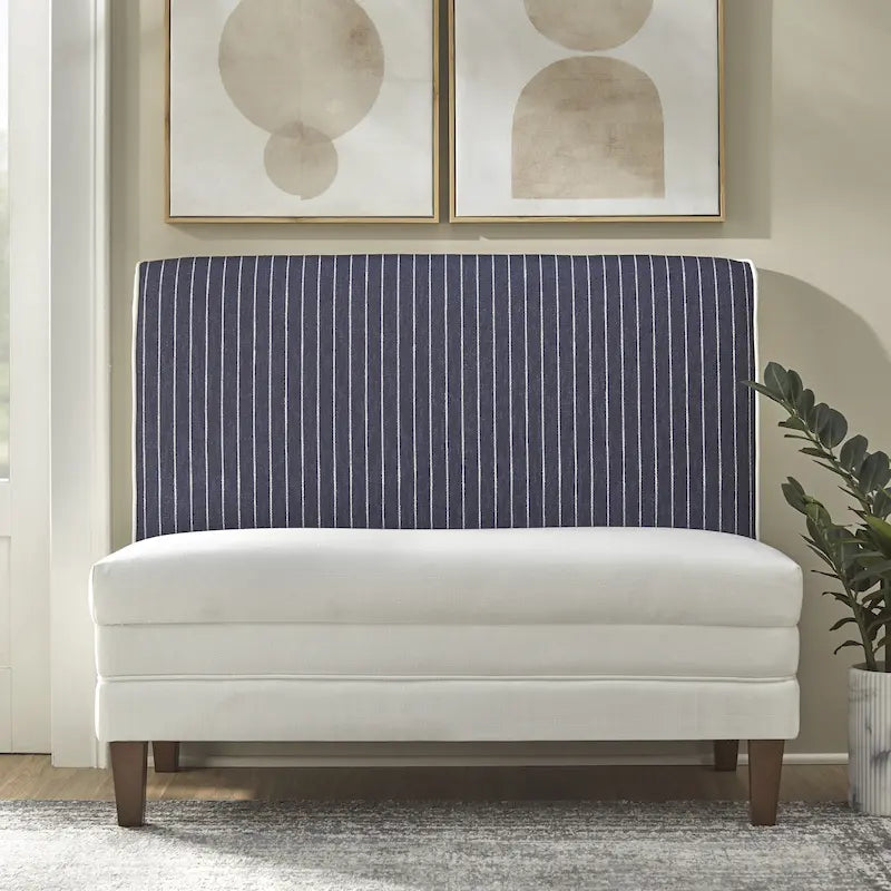 Panca imbottita Modern Farmhouse — Tessuto in lino bicolore, gambe in noce