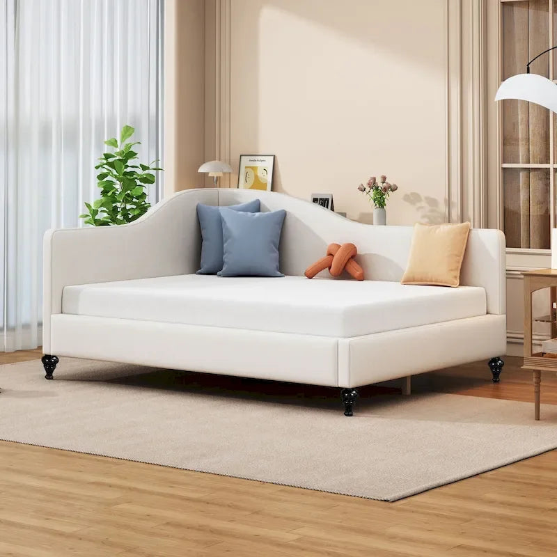 Daybed a L in lino con gambe in legno massello