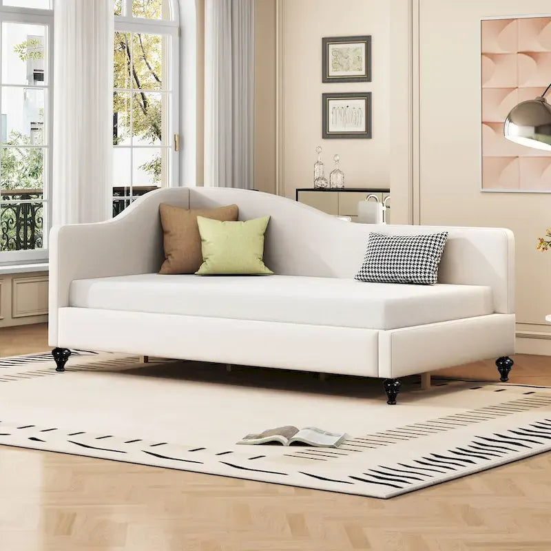 Daybed a L in lino con gambe in legno massello