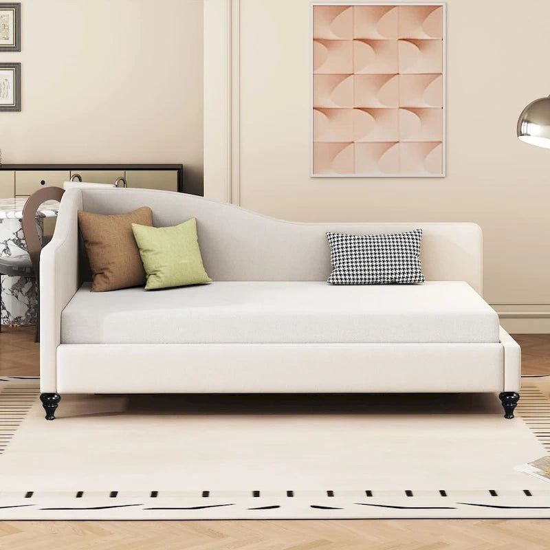 Daybed a L in lino con gambe in legno massello