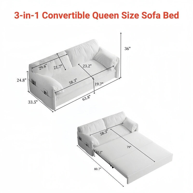 Divano Letto Estraibile Queen, Divano Letto Convertibile 3-in-1 con Contenitore Laterale