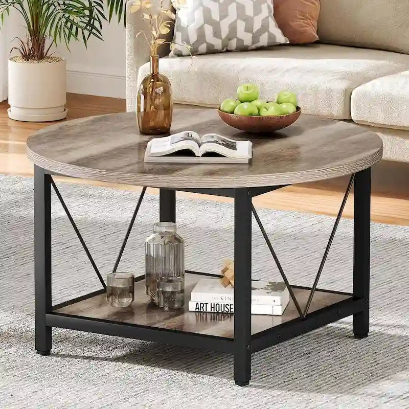 Tavolino da caffè rotondo in stile rustico da 80 cm – a 2 ripiani con scaffale aperto