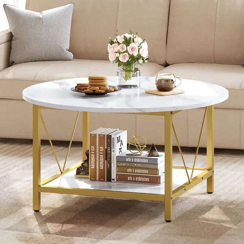 Tavolino da caffè rotondo in stile rustico da 80 cm – a 2 ripiani con scaffale aperto