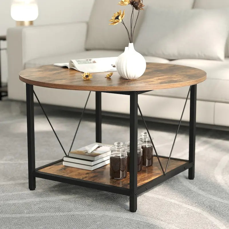 Tavolino da caffè rotondo in stile rustico da 80 cm – a 2 ripiani con scaffale aperto