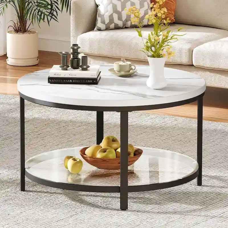 Tavolino da caffè rotondo in stile rustico da 80 cm – a 2 ripiani con scaffale aperto